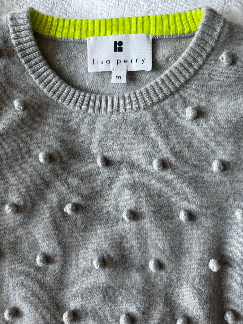 Lisa Perry Light Gray Pom-Pom Crewneck Sweater with Neon Trim
